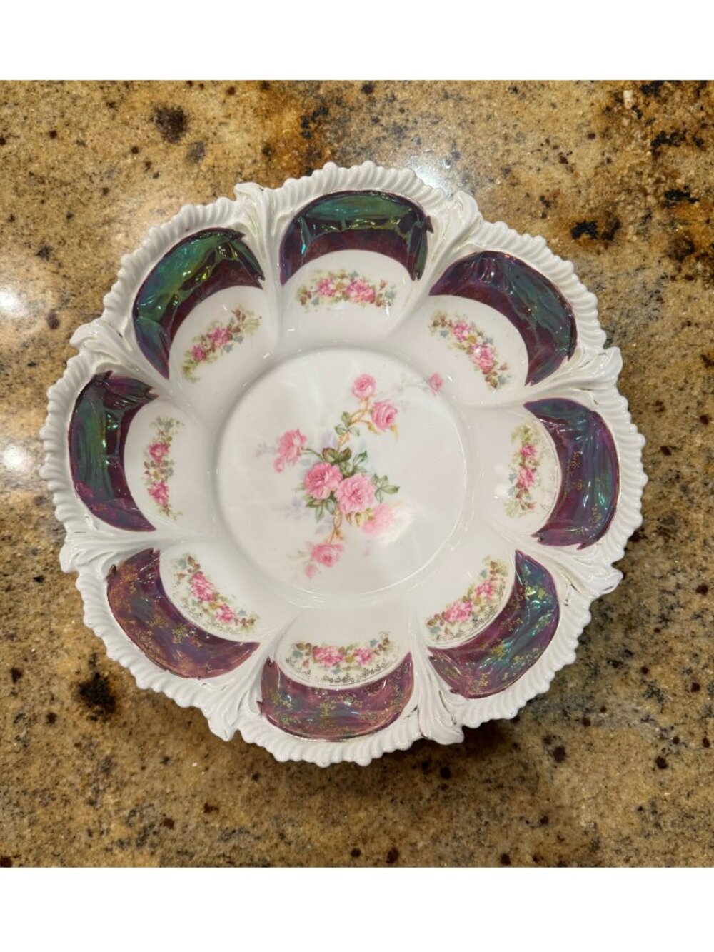 Antique RS Prussia 11" Berry Bowl Iridescent Luster Pink Roses Scalloped Edge